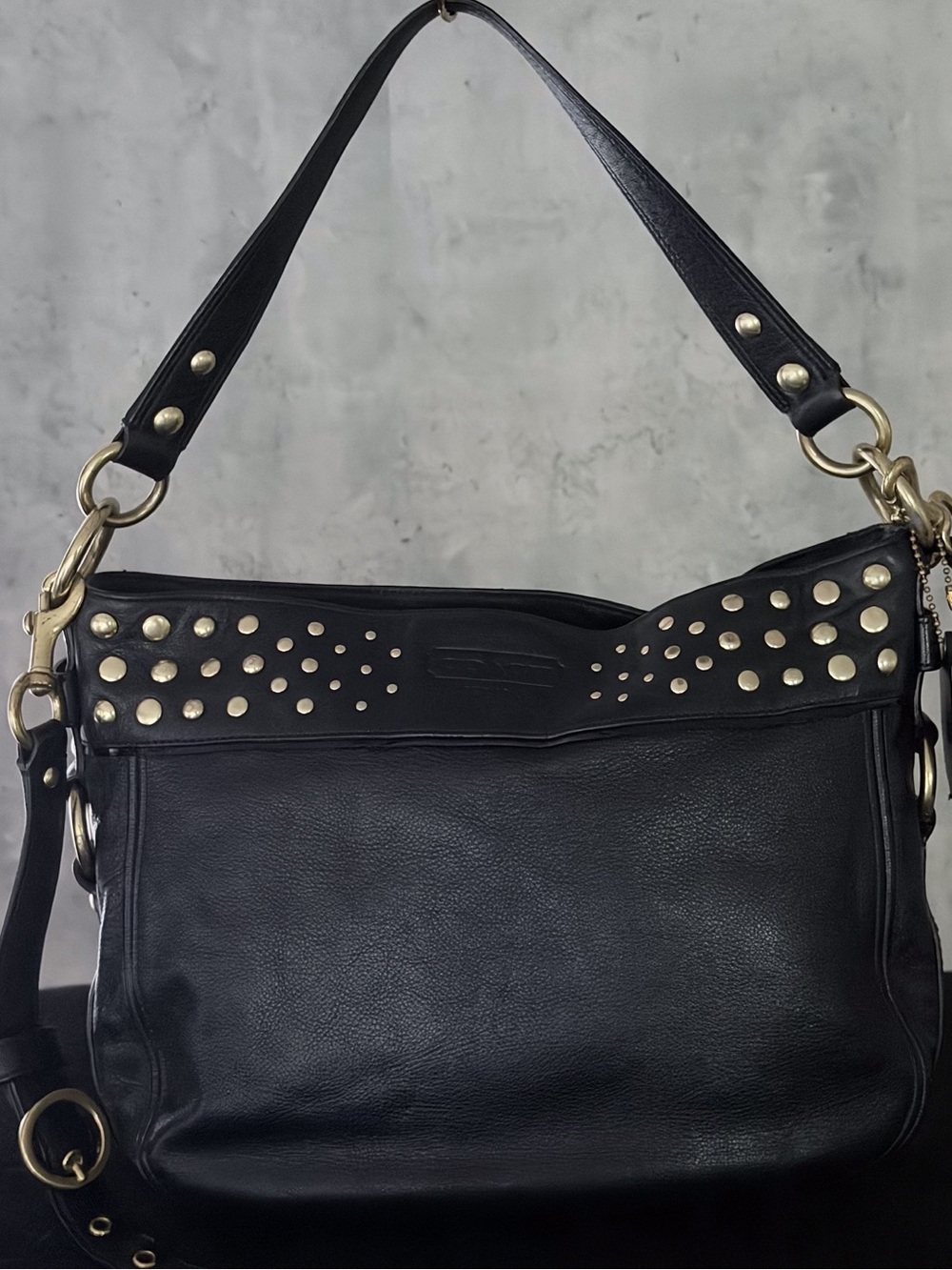 COACH Zoe 15237 Black Studded Leather Convertible Hobo Shoulder Crossbody Bag